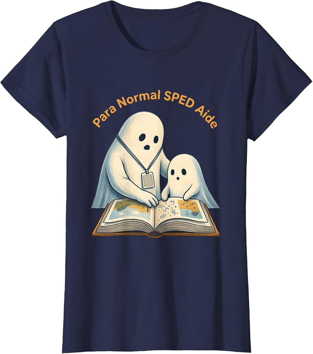 Women's Para Normal SPED Aide Storybook Ghost Halloween Teacher T-Shirt - Navy Blue