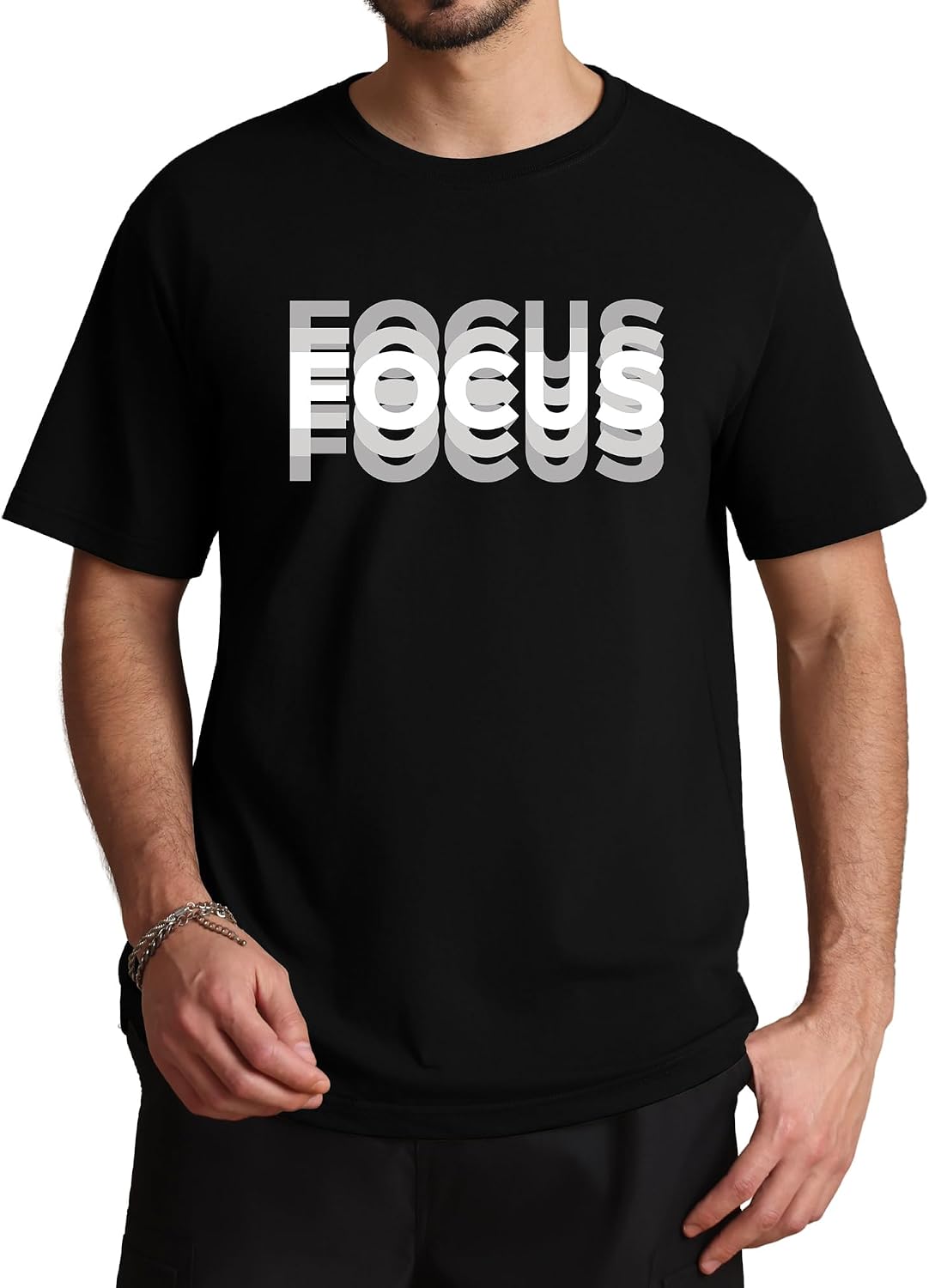 Aiyino Men's Focus Graphic Tee Motion Text Short Sleeve 100% Cotton - Black