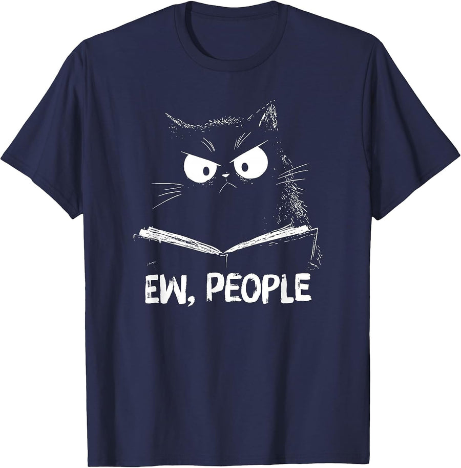 Funny Cat Reading Ew People T-Shirt - Navy Blue