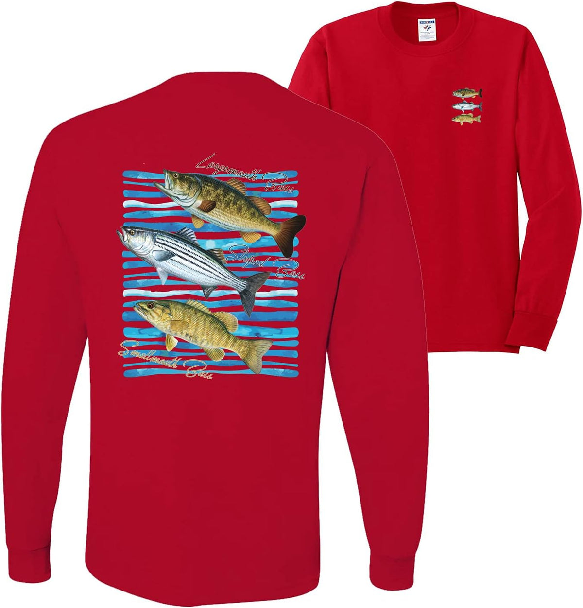 Largemouth Striped Smallmouth Big Bass Fish Fishing Front and Back Mens Long Sleeve Shirt - Red