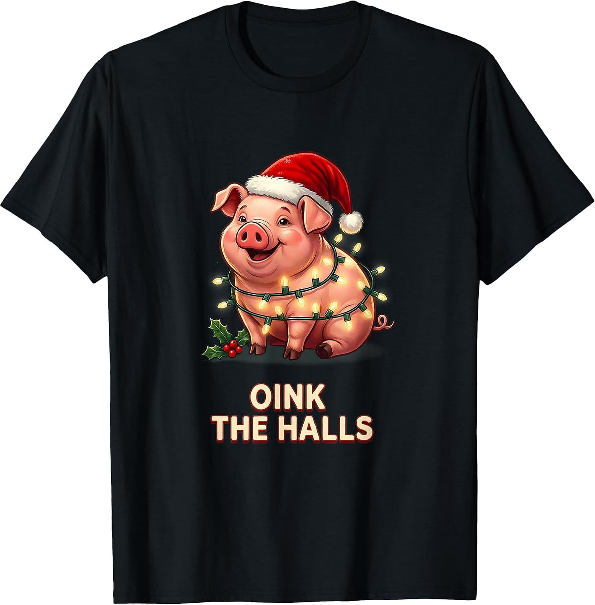 Men's Oink The Halls Funny Pig Christmas Lights Costume Humor T-Shirt - Black
