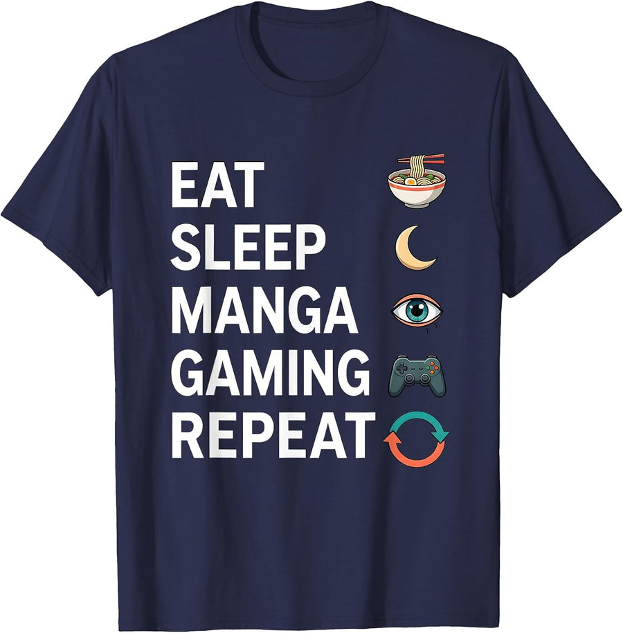 Eat Sleep Manga Gaming Repeat Funny Otaku Anime Lover Gift T-Shirt - Navy Blue