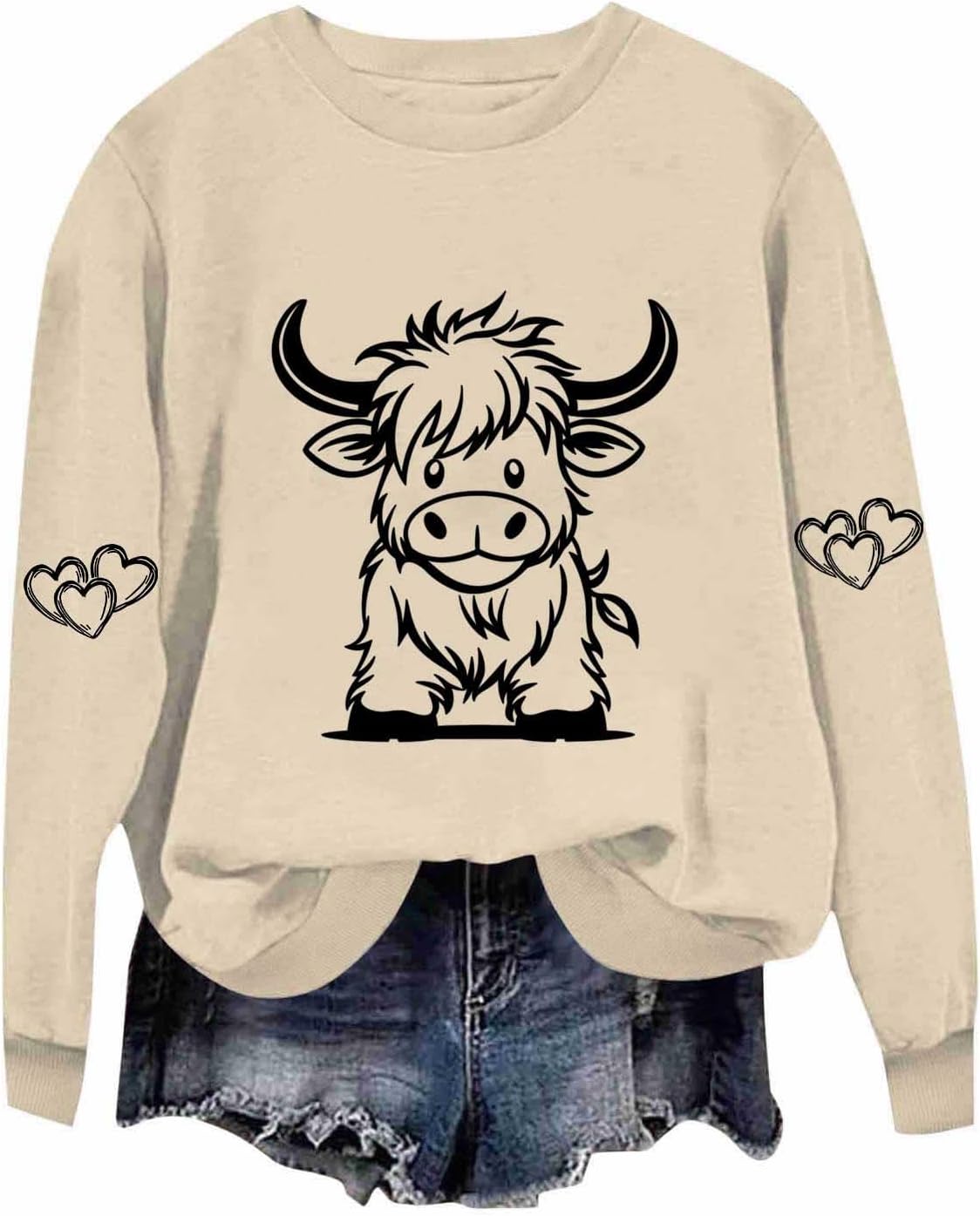 Highland Cow Shirts for Women Cute Funny Graphic Western Cowgirl Sweatshirts Long Sleeve Country Pullover Tops Loose - Khaki