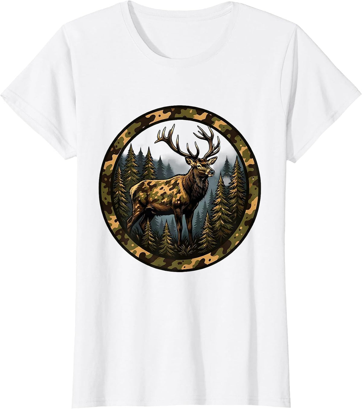 Elk Silhouette Misty Pine Forest Camo Design T-Shirt - White