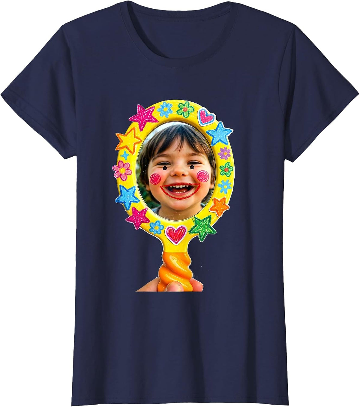 Women's Preschool Teacher Hand Mirror Child Smile Graphic T-Shirt - Navy Blue