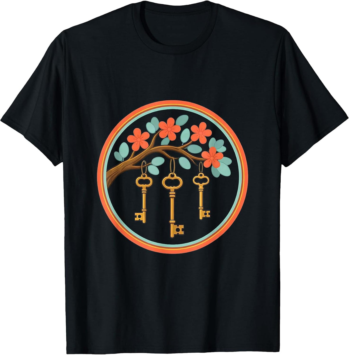 Men's Special Education Keys Blooming Tree Branch Design T-Shirt - Black
