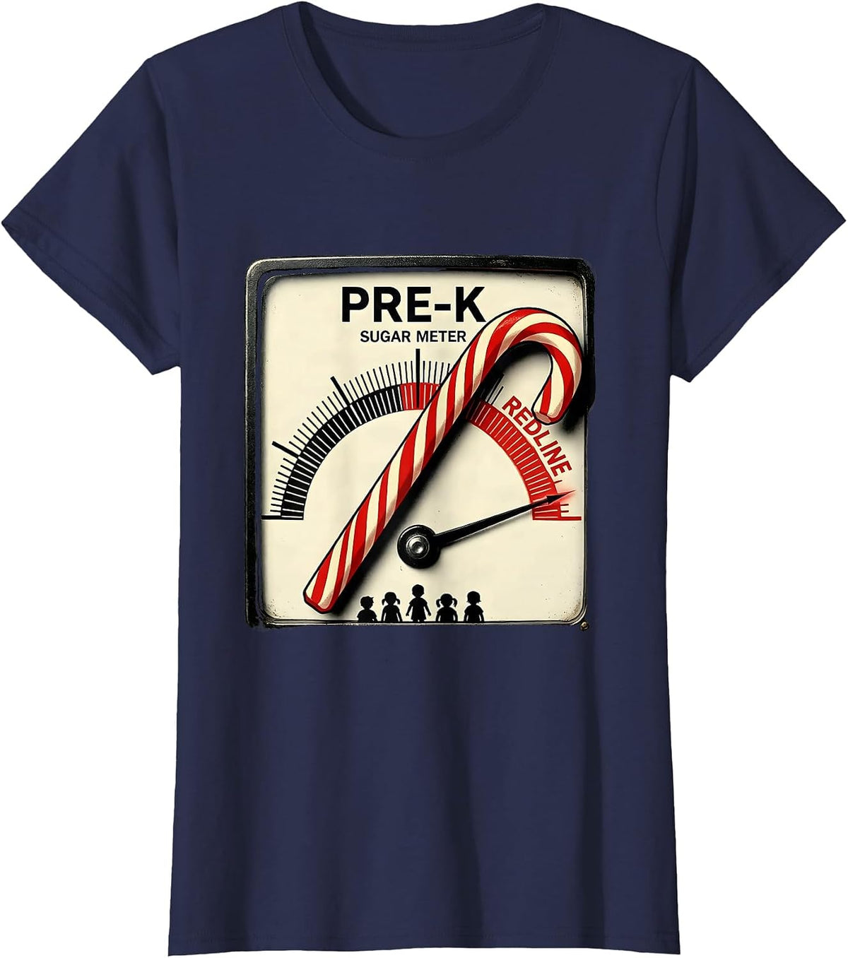 Women's Pre-K Sugar Meter Redline Funny Teacher Christmas Candy Cane T-Shirt - Navy Blue