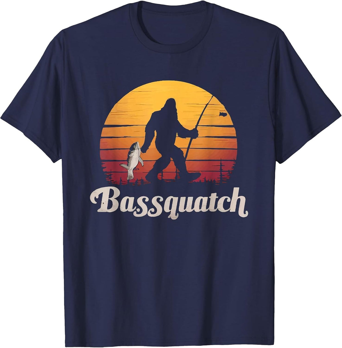 BassSquatch Bigfoot Fishing Bass Forest Silhouette T-Shirt - Navy Blue