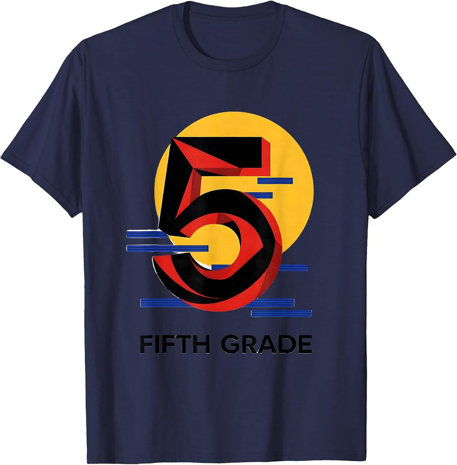 Fifth Grade Bauhaus Modernist Back To School Teacher Student T-Shirt - Navy Blue