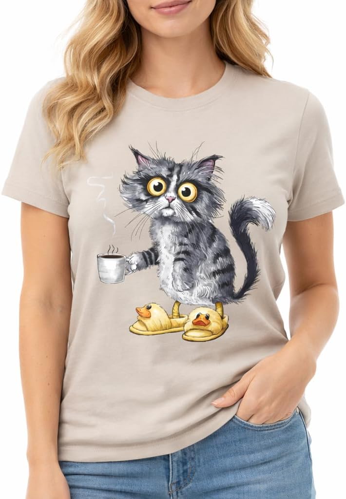 Cat Mood Funny Gift Shirt Unisex Graphic Tee Grumpy Coffee Design Cute Sketch Style Pet Lover T Shirt - Overstimulated Cat