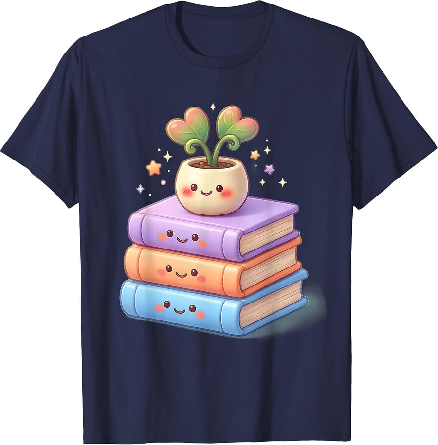 Teacher Book Stack with Growing Plant Illustration T-Shirt - Navy Blue