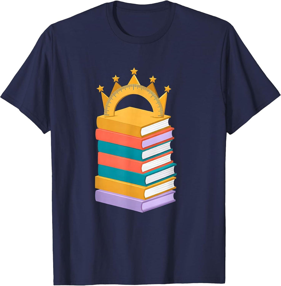 Preschool Teacher Ruler Crown Books Illustration T-Shirt - Navy Blue