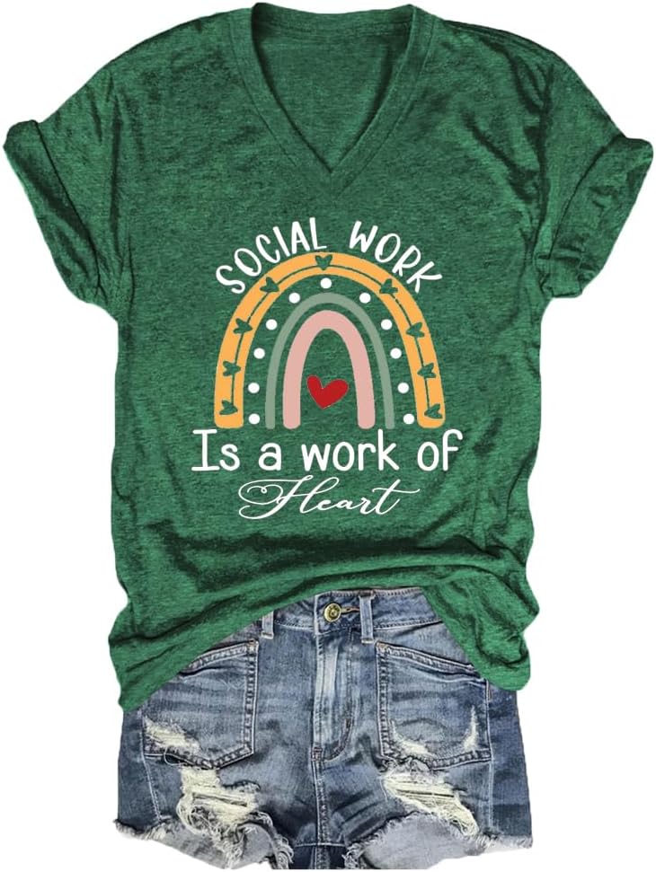 Social Worker Shirt Women's V-Neck Social Work is A Work of Heart T-Shirt Summer Social Services Graphic Tees Top - Dark