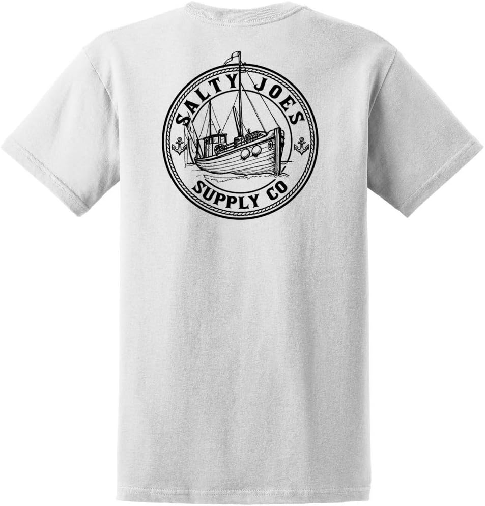 SALTY JOES Men's Fishing Trawler Logo Heavyweight Cotton Tees - White \/ Fishing Trawler Logo