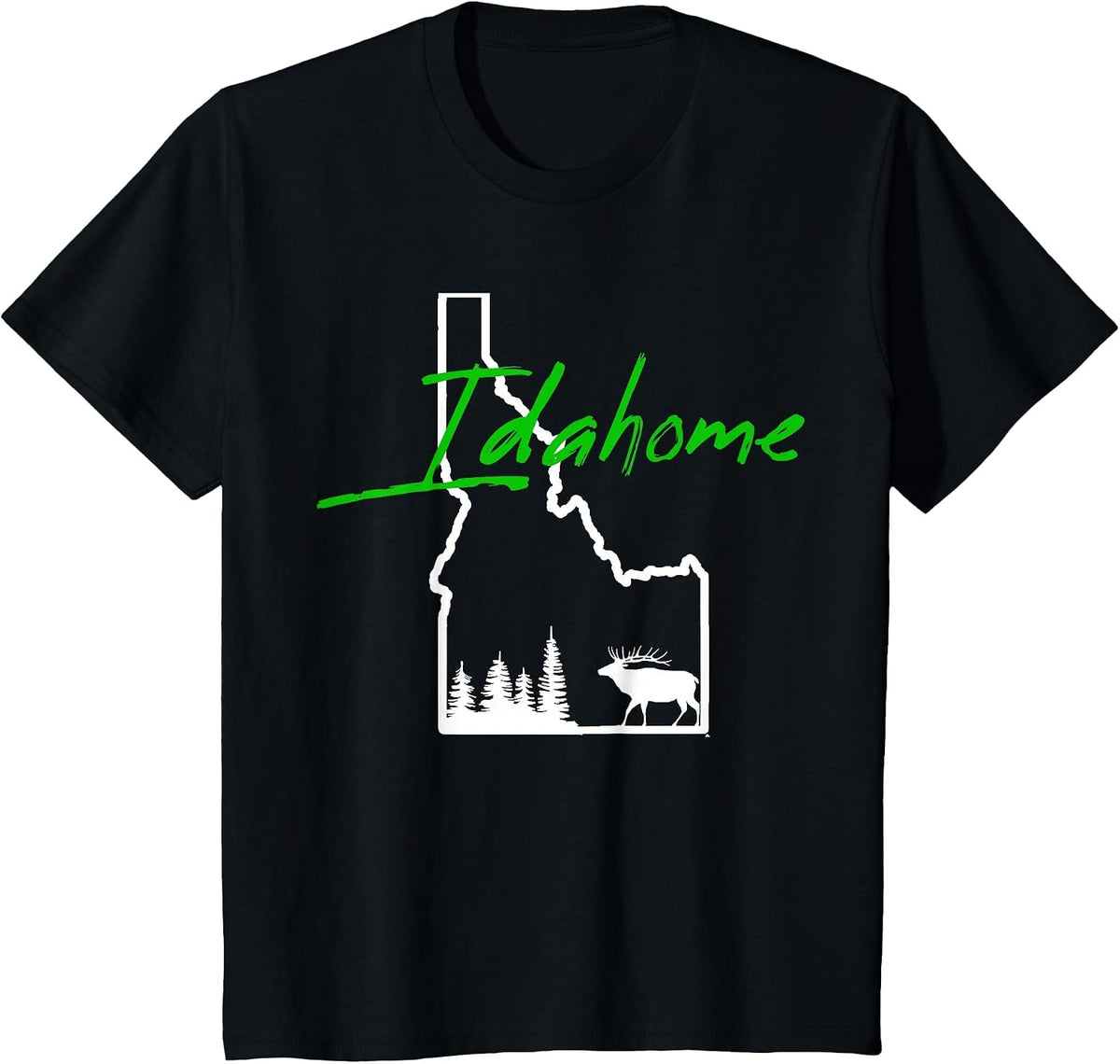 Idahome Tree Elk Silhouette Map Outline Cool Idaho Home T-Shirt - Black