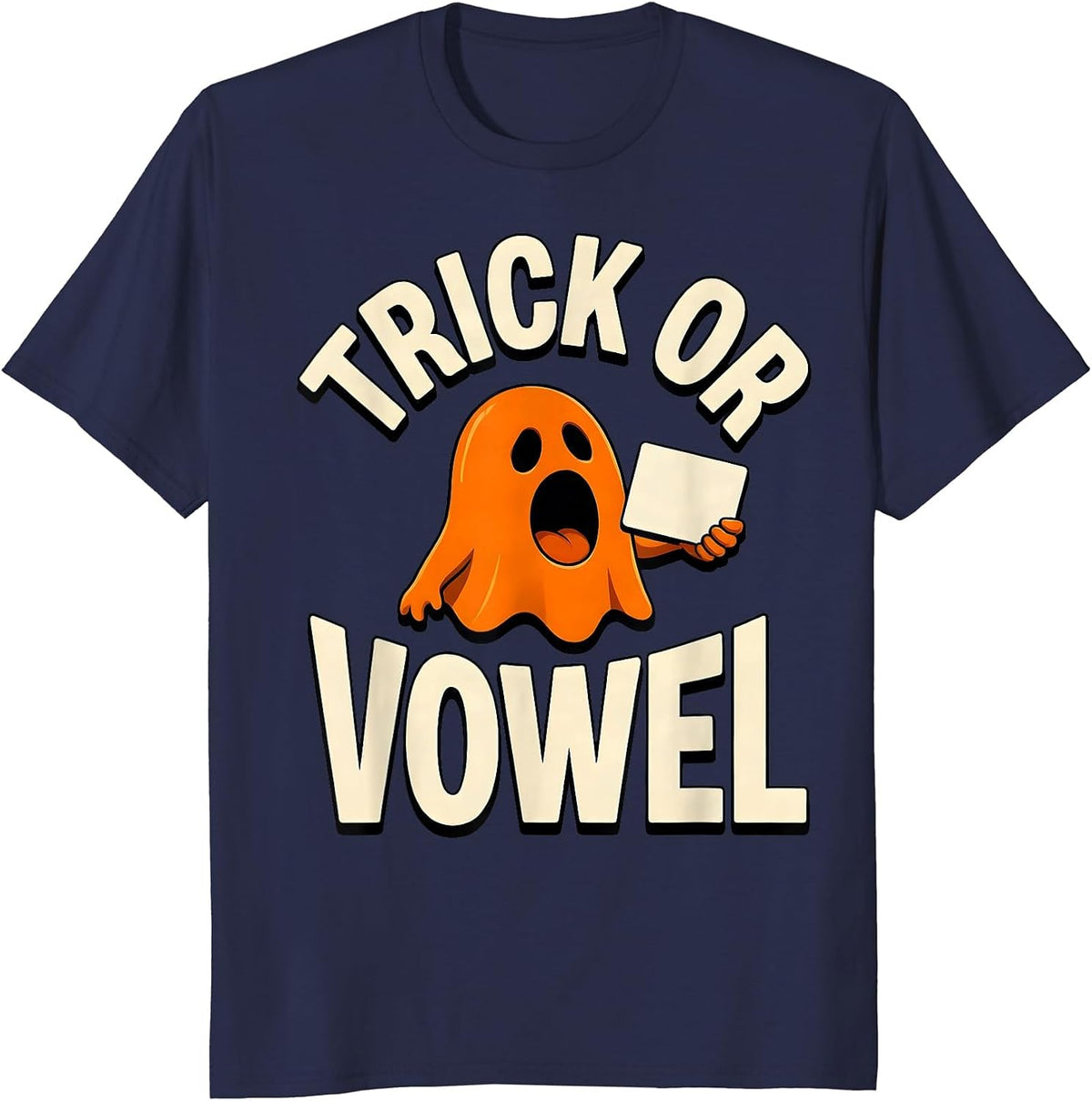 Men's Trick Or Vowel Funny Halloween Speech Therapy SLP Teacher T-Shirt - Navy Blue