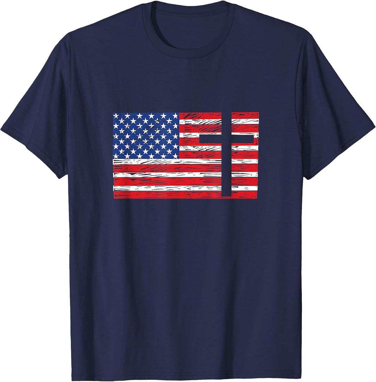 USA American Flag Patriotic Red White Blue Christian Cross T-Shirt - Navy Blue