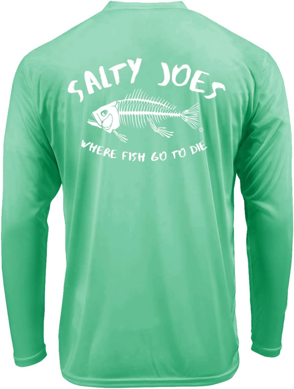 SALTY JOES UPF 50 Graphic Long Sleeve Performance Fishing Shirt Collection - Bright Seafoam \/ White \"Where Fish Go to