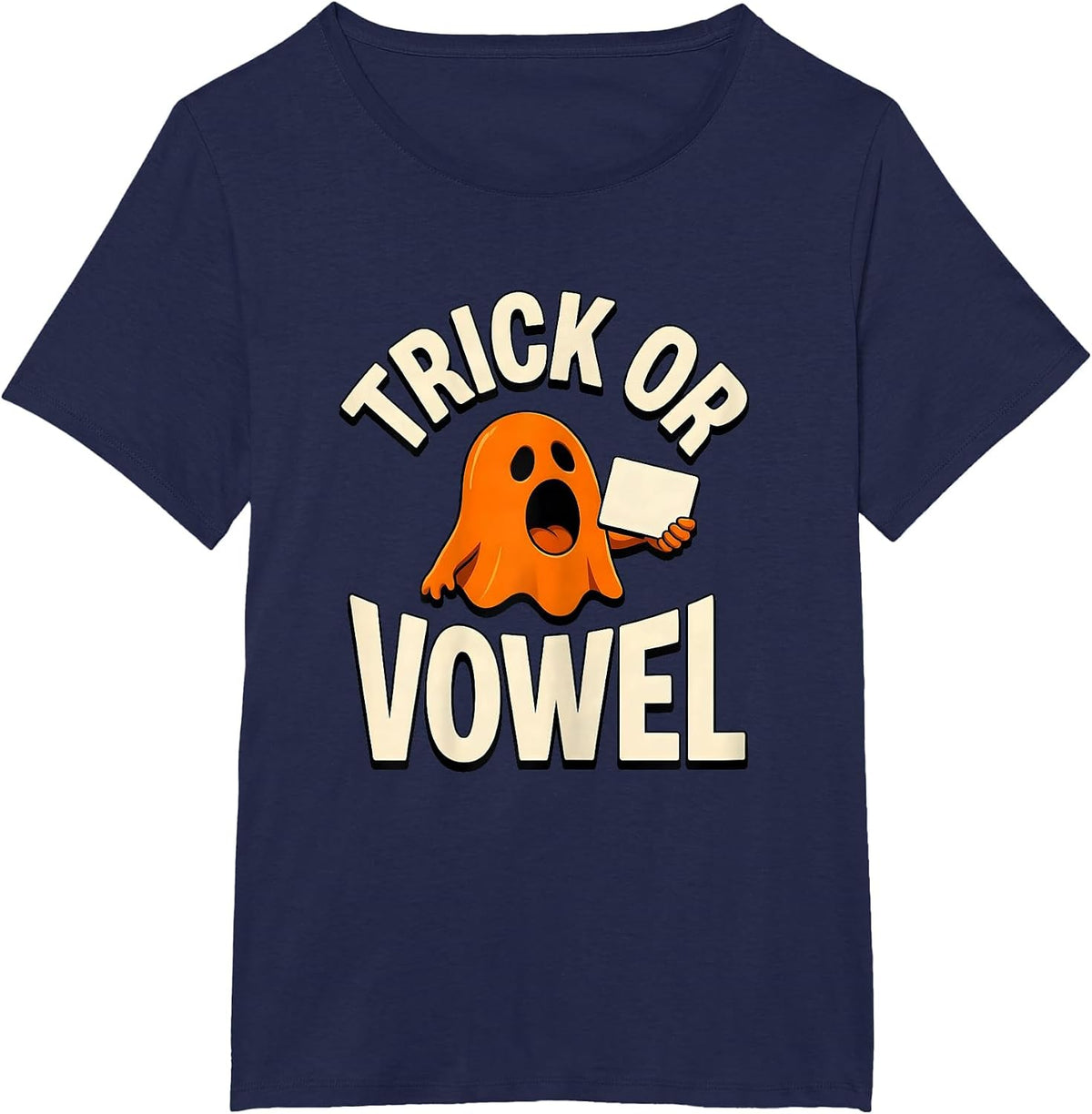 Women's Trick Or Vowel Funny Halloween Speech Therapy SLP Teacher T-Shirt - Navy Blue