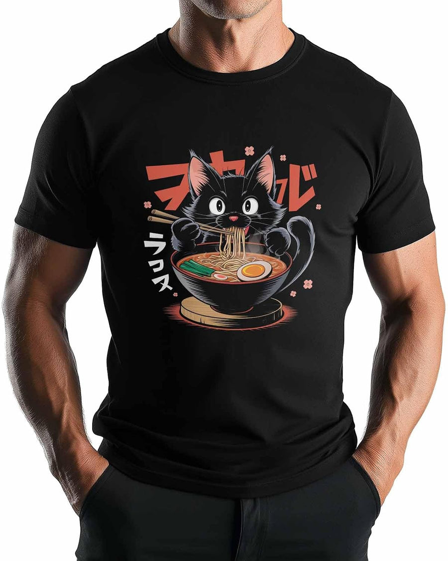 Men's Graphic T-Shirts, Japanese Cartoon Cat Ramen Tees Crewneck Short Sleeve Tops Summer Gym Casual Streetwear - Black