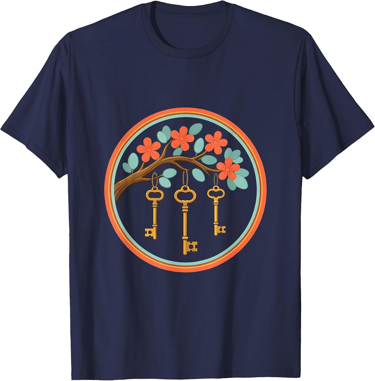 Men's Special Education Keys Blooming Tree Branch Design T-Shirt - Navy Blue