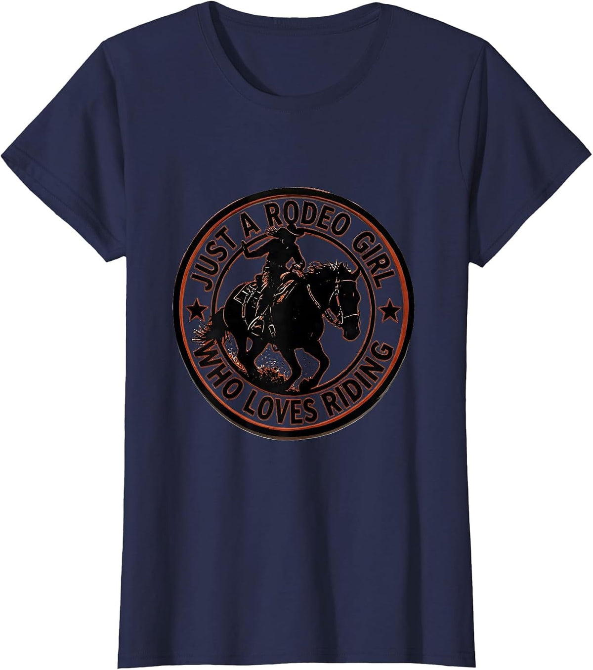 Women's Just A Rodeo Girl Who Loves Riding Western Cowgirl Stencil T-Shirt - Navy Blue