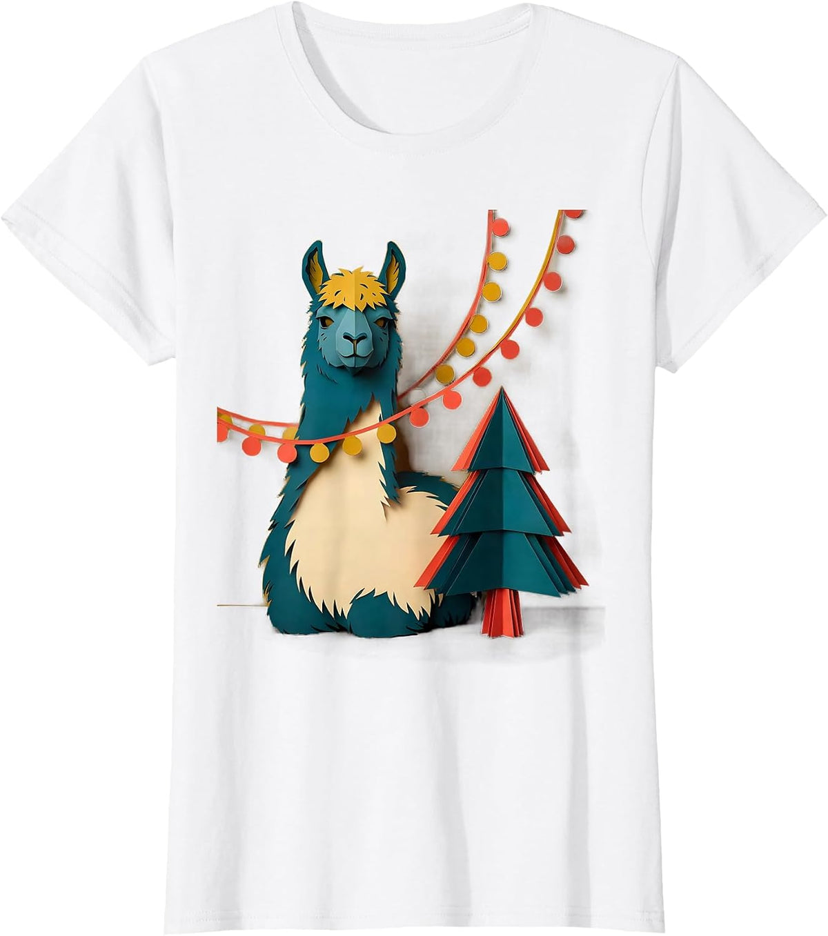 Seated Llama Paper Cutout Funny Christmas Animal Lover T-Shirt - White