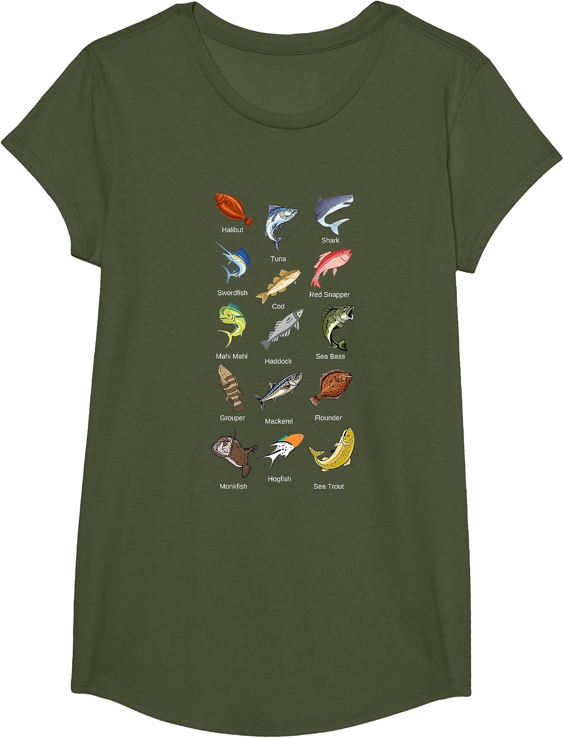 Types of Saltwater Fish Species Fishing T-Shirt - Girls Olive Green