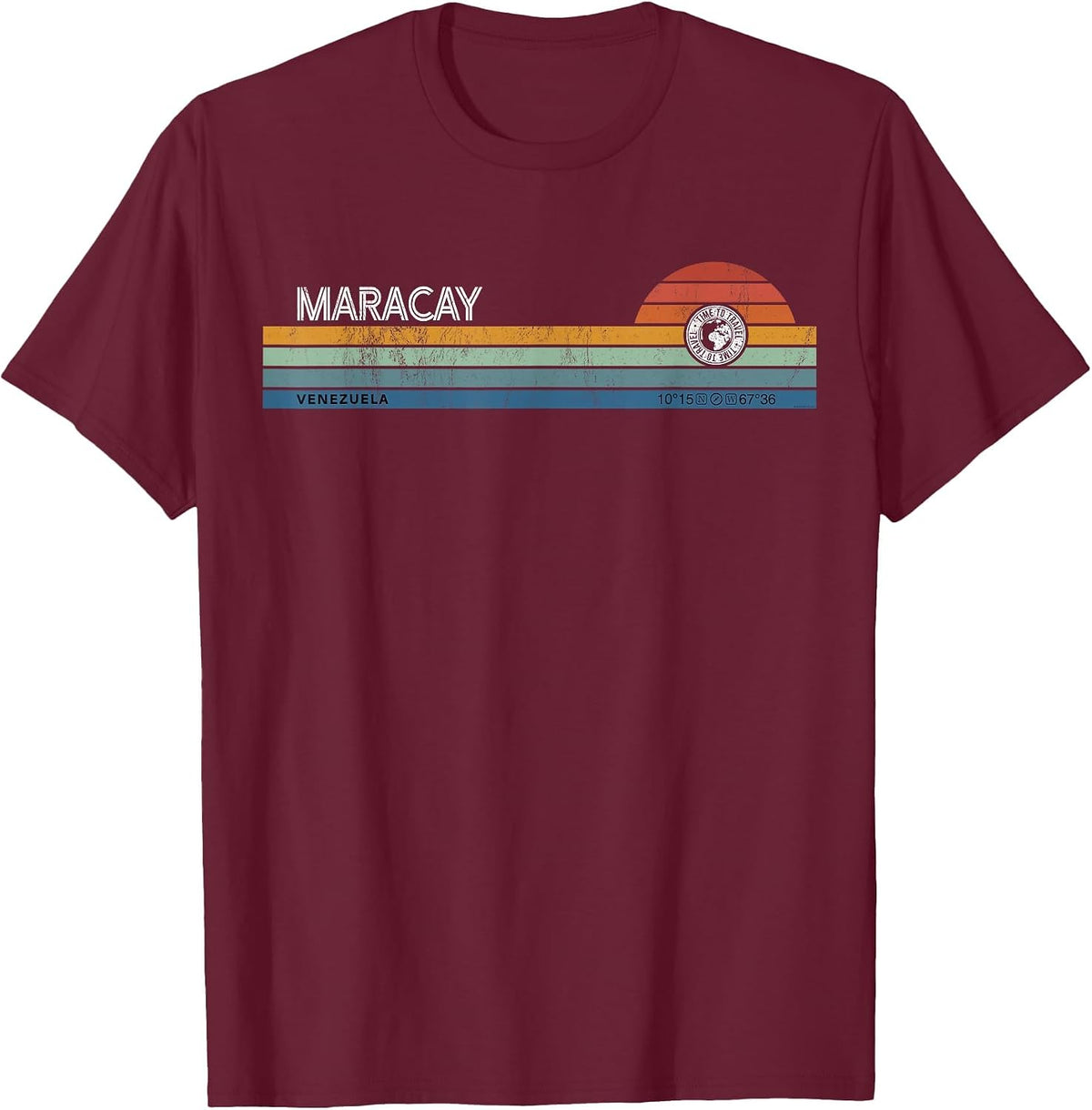 Maracay Venezuela Retro Sunset Rainbow Synth Striped T-Shirt - Burgundy