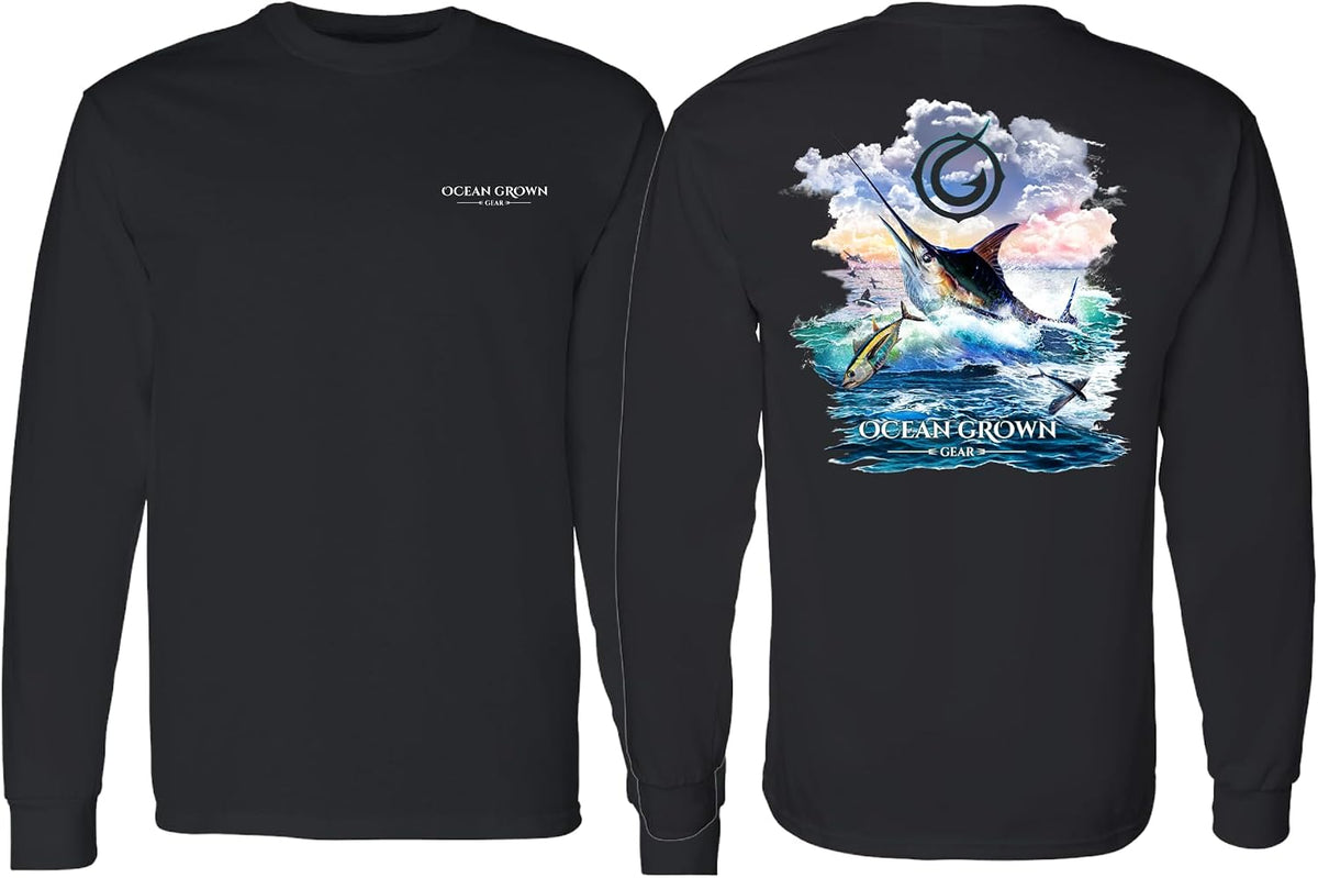 Ocean Grown Marlin Sunset Fishing T-Shirt Men's - Long Sleeve Black