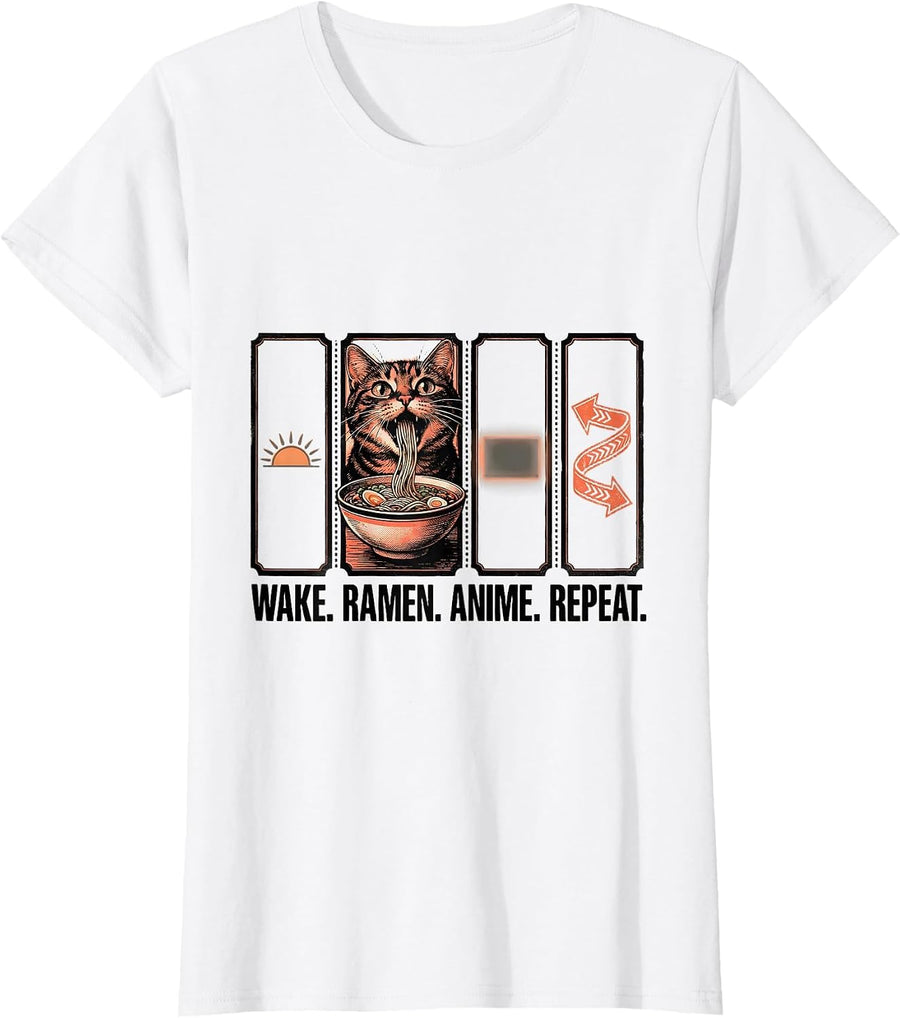 Women's Wake. Ramen. Anime. Repeat. Funny Kawaii Cat Anime Gift T-Shirt - White