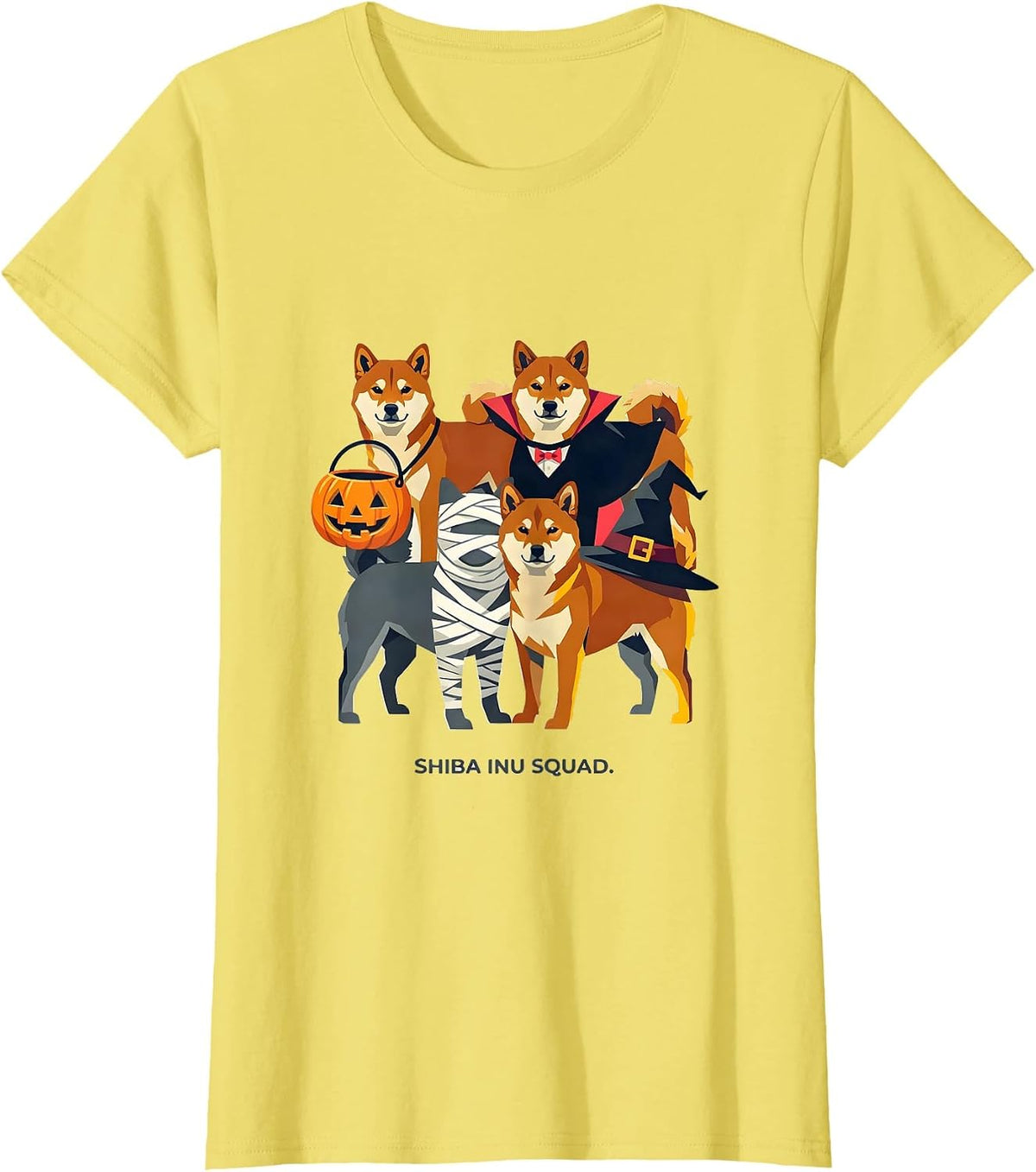 Women's Shiba Inu Squad Halloween Pumpkin Vampire Mummy Witch Dog T-Shirt - Lemon Yellow