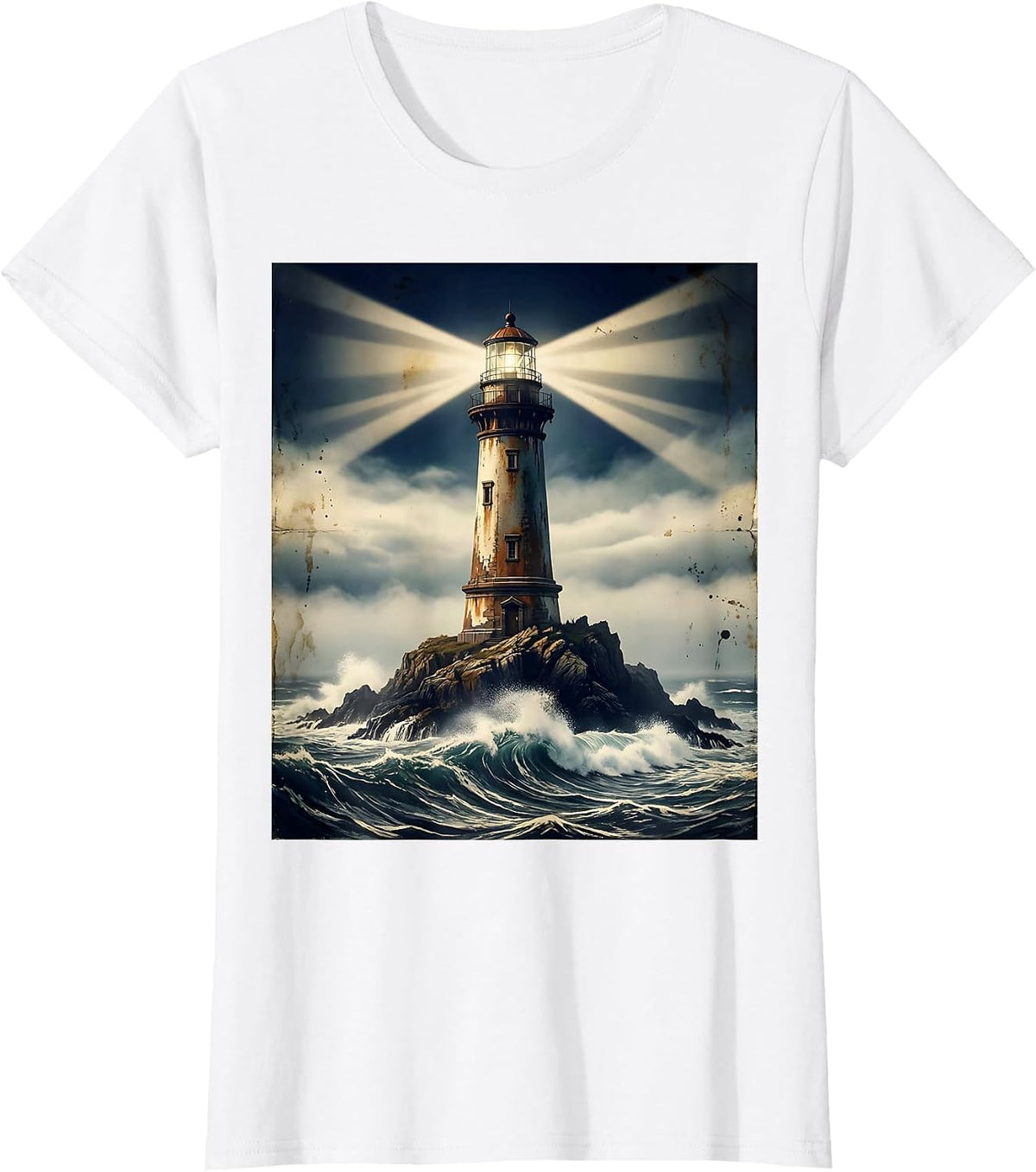 Women's Lighthouse Beam Through Night Fog Sailor Design T-Shirt - White