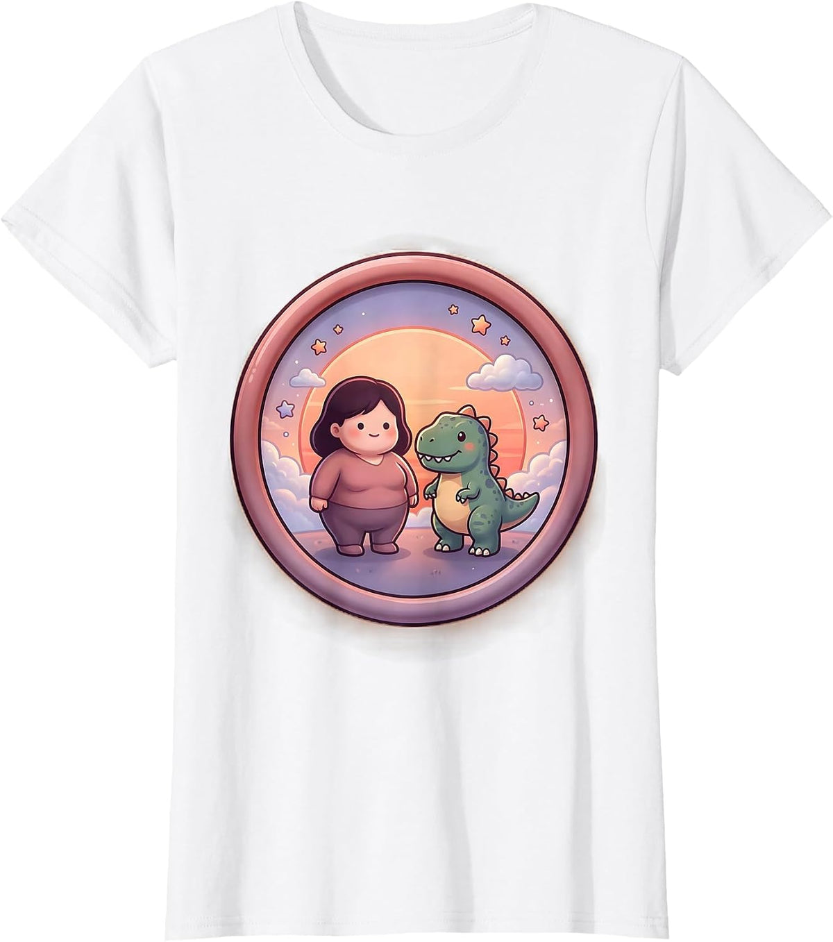 Women's Dinosaur and Human Silhouette Sunset Design T-Shirt - White