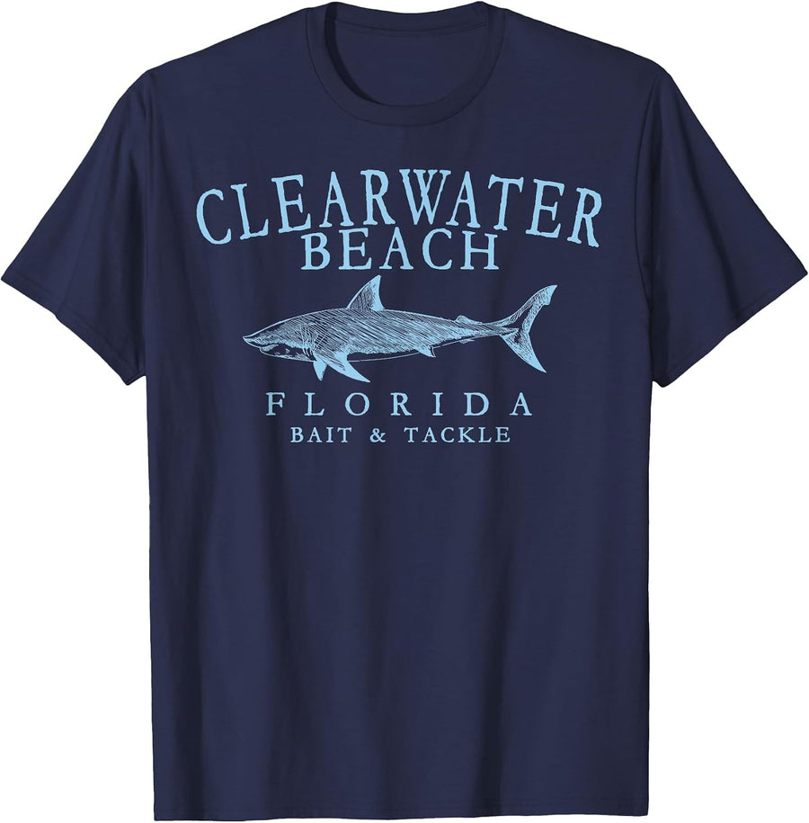 Clearwater Beach Florida Shark Pale Blue Art Fishing T-Shirt - Navy Blue