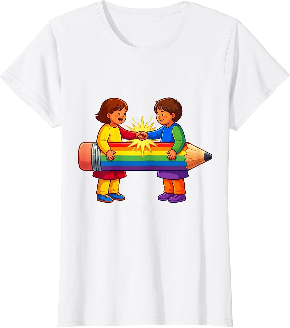 Women's Special Education Kids Sharing Pencil Graphic T-Shirt - White