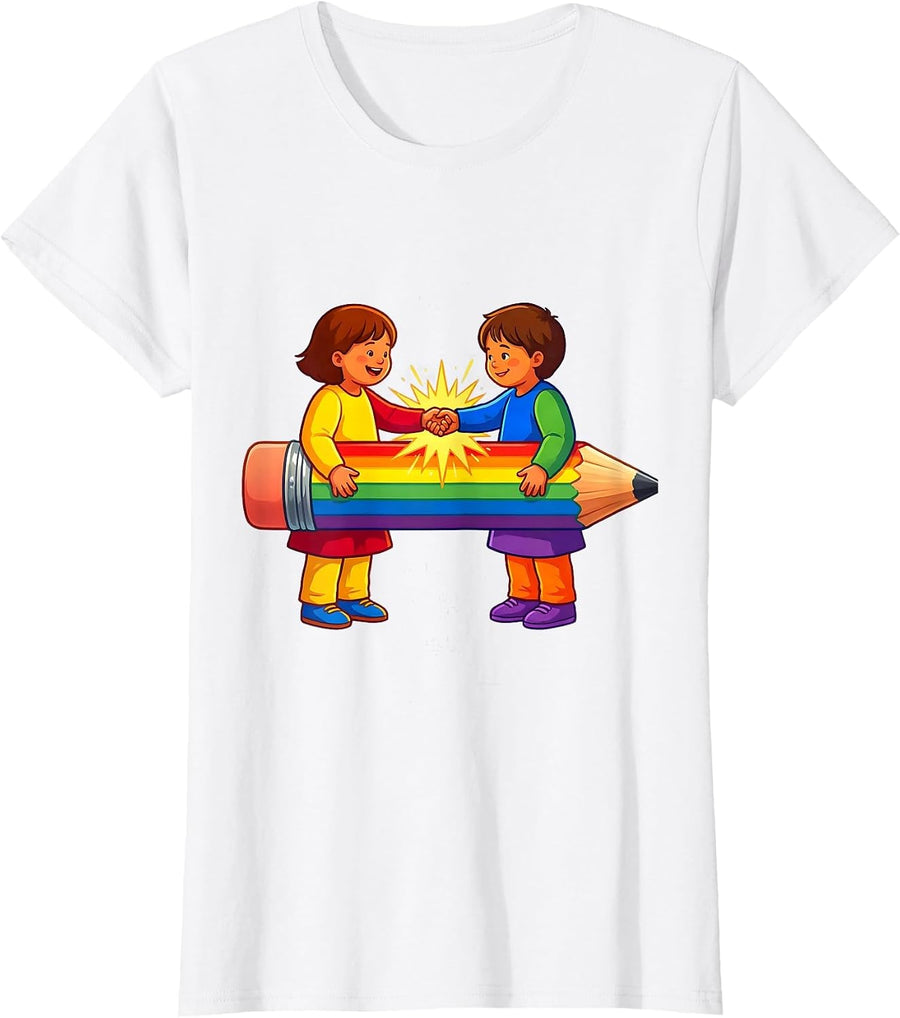 Women's Special Education Kids Sharing Pencil Graphic T-Shirt - White