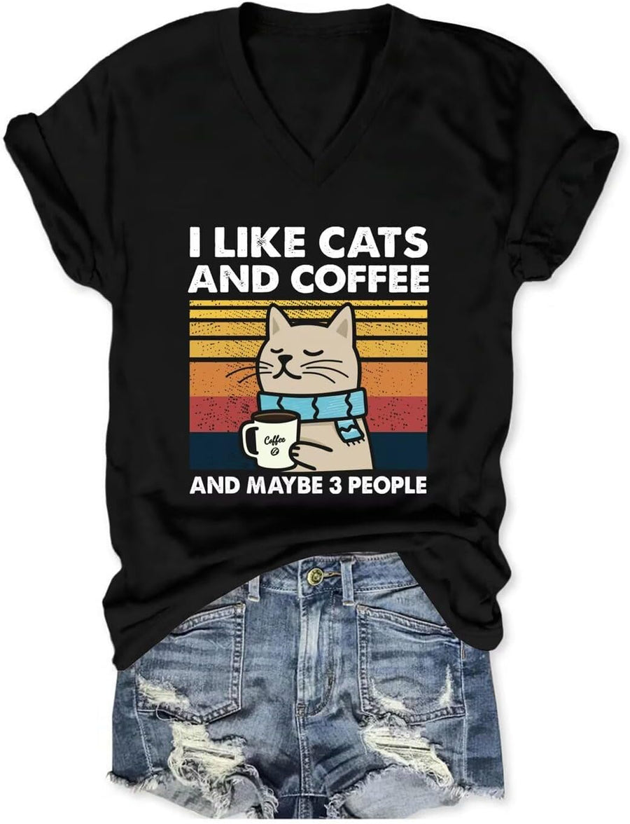 Cat V-Neck T-Shirt I Like Cats and Coffee and Maybe 3 People Graphic Shirt Vintage Cat Coffee Lover Tee Tops - Z3-black