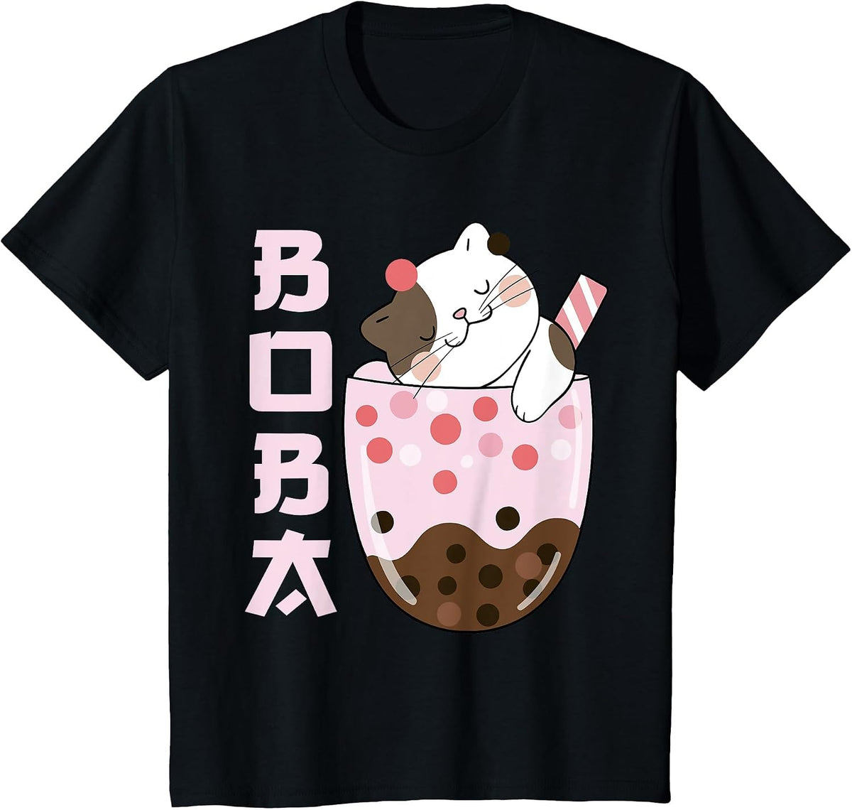 Kawaii Cat Bubble Boba Milk Ice Tea Lover Design Cute Anime T-Shirt - Black