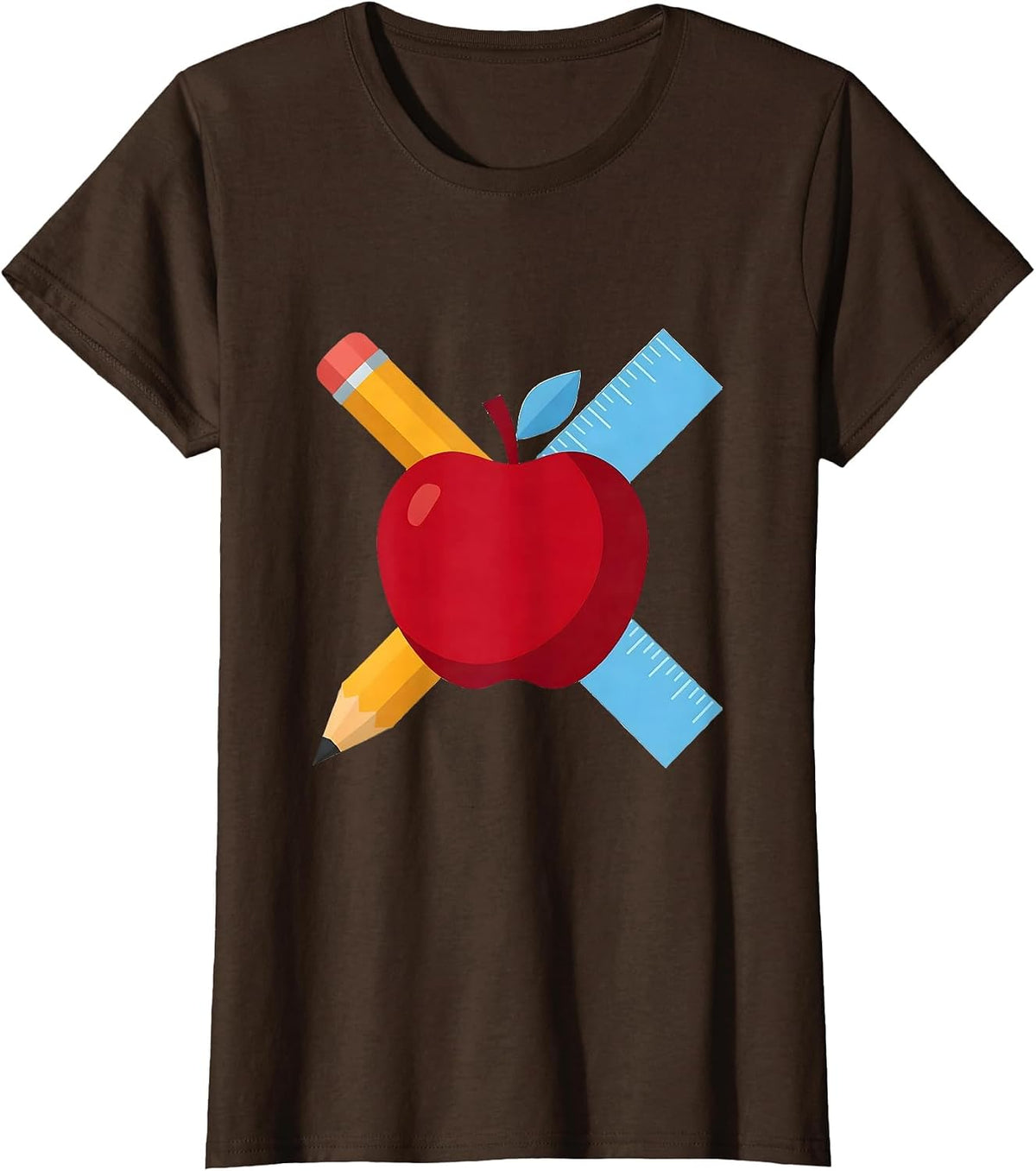 Women's Preschool Teacher Apple Pencil Ruler Graphic T-Shirt - Brown