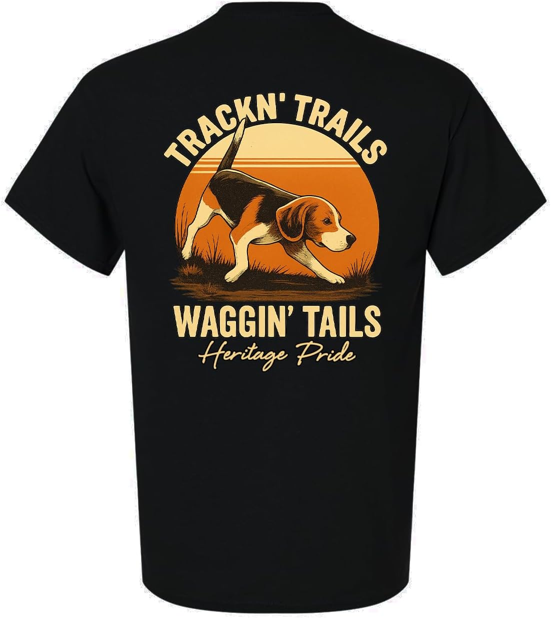 Heritage Pride Men's Beagle Hunting Short Sleeve T-Shirt - Trackin' Trails Waggin' Tails Graphic Tee - Black