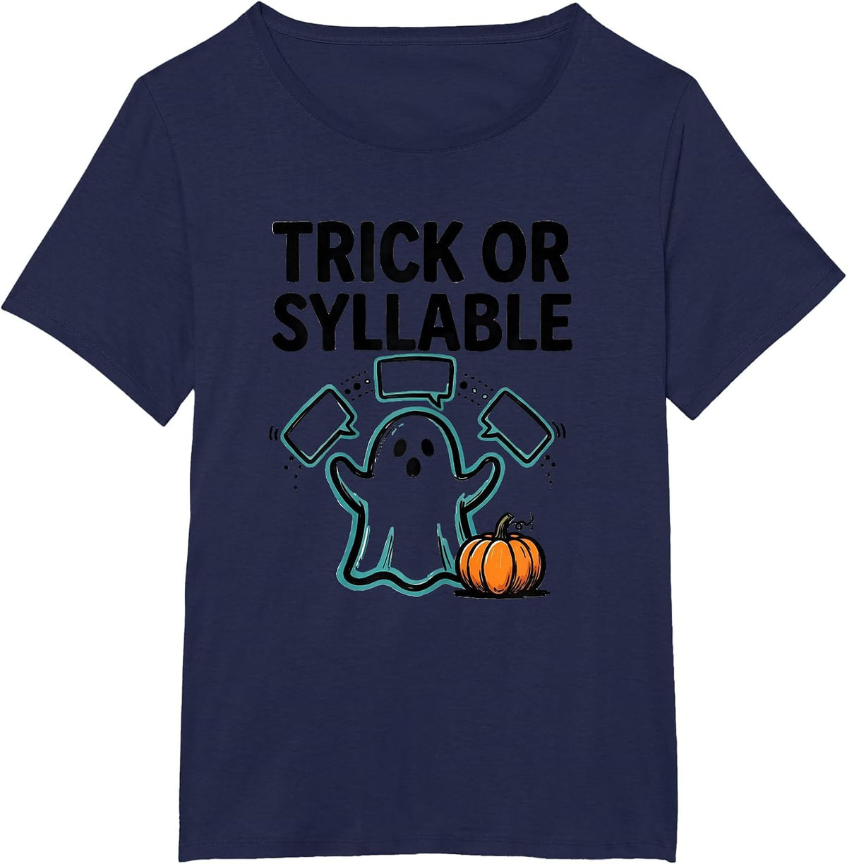 Women's Trick Or Syllable Ghost Speech Therapy SLP Teacher Halloween T-Shirt - Navy Blue