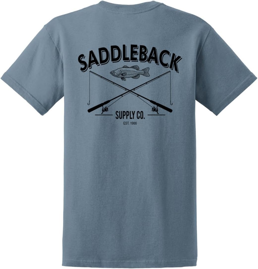 Saddleback Supply Men's Fishing Logo Heavyweight Cotton Tees - Stone Blue \/ Black Fishing Logo