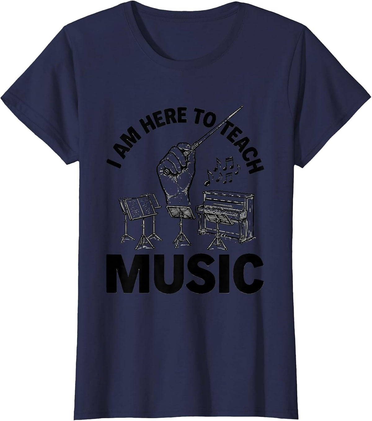 Women's I Am Here To Teach Music Line Art Teacher Back To School T-Shirt - Navy Blue