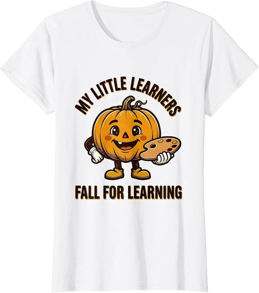 Women's My Little Learners Fall For Learning Vintage Teacher Pumpkin T-Shirt - White