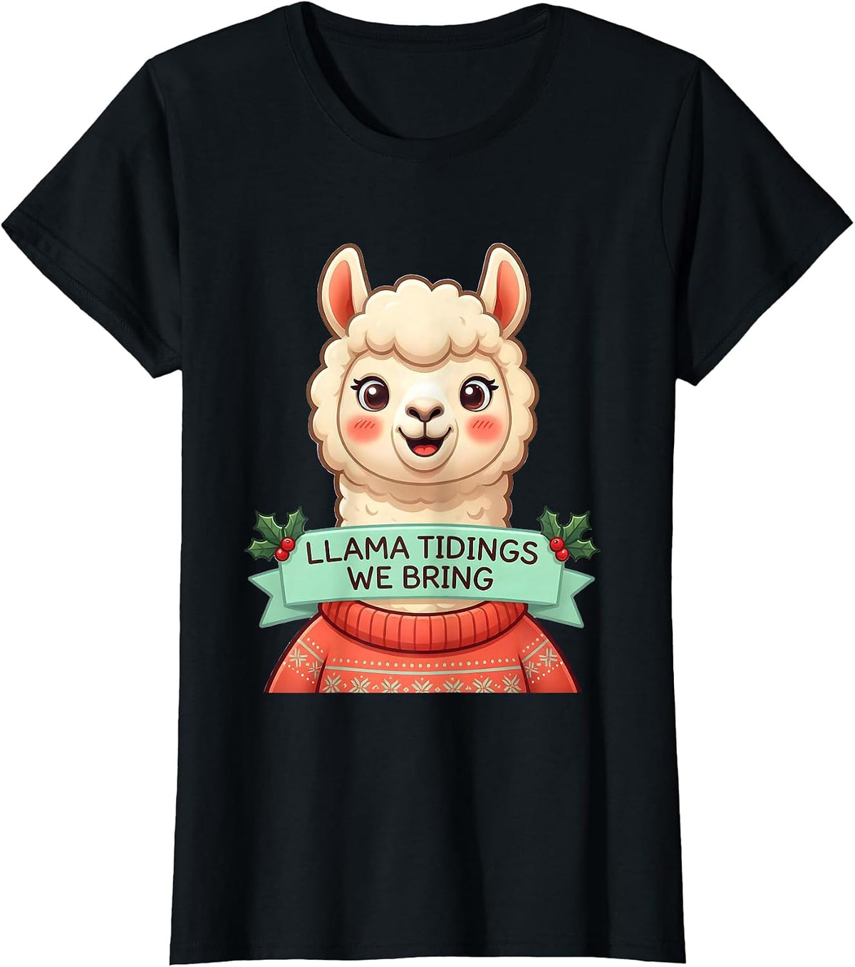 Llama Tidings We Bring Cute Kawaii Christmas Llama Lover T-Shirt - Black