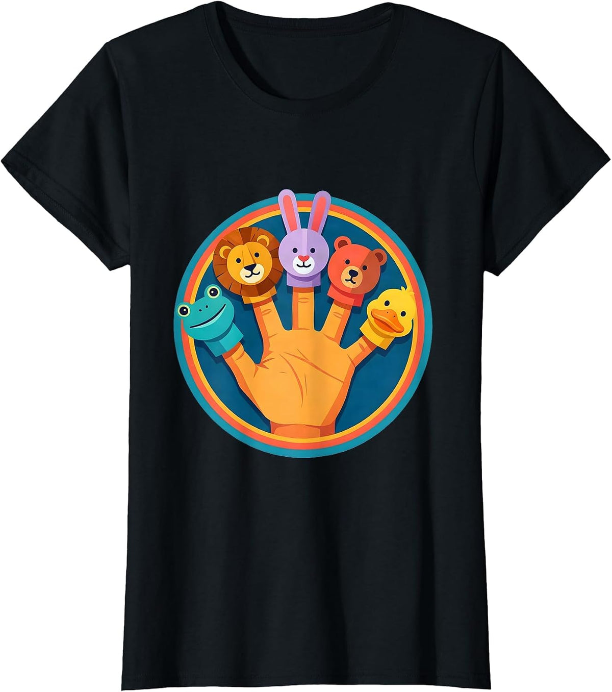 Women's Preschool Teacher Finger Puppet Collection Graphic T-Shirt - Black