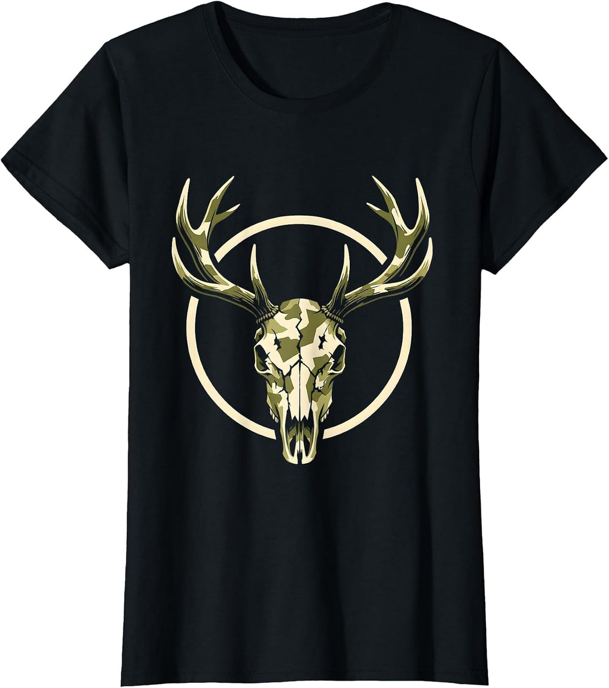 Women's Camo Elk Skull Antler Crown Graphic Tee T-Shirt - Black
