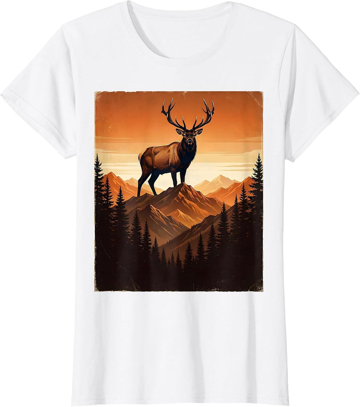 Elk Silhouette Mountain Sunset Nature Design T-Shirt - White