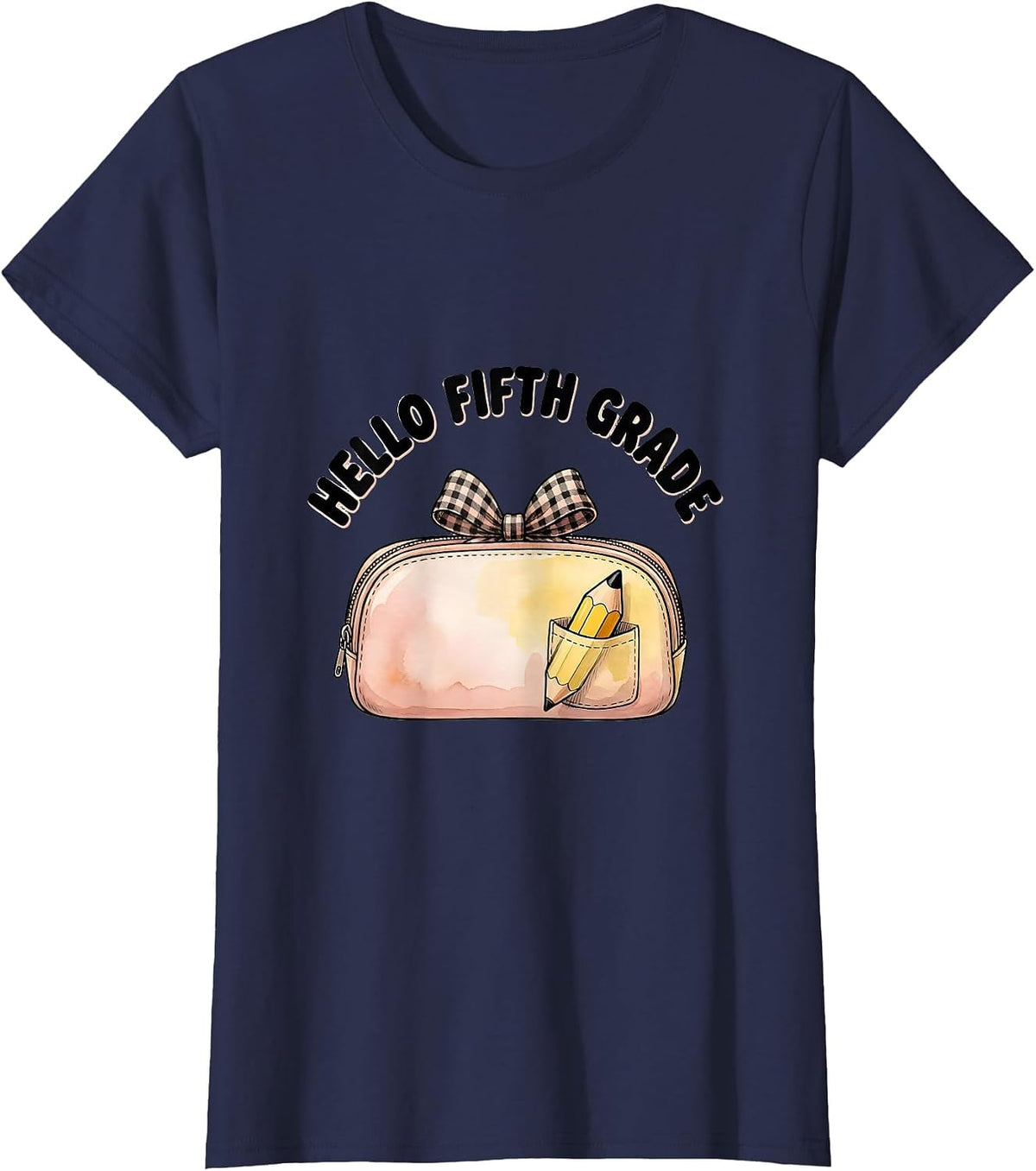 Women's Hello Fifth Grade Coquette Bow Pencil Back to School T-Shirt - Navy Blue